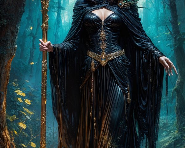 Cloaked Figure in Mystical Forest with Golden Scythe