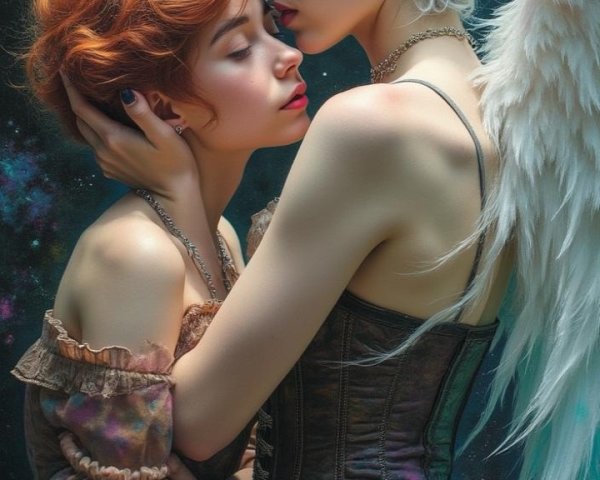 Tender Moment Between Two Figures in Celestial Setting