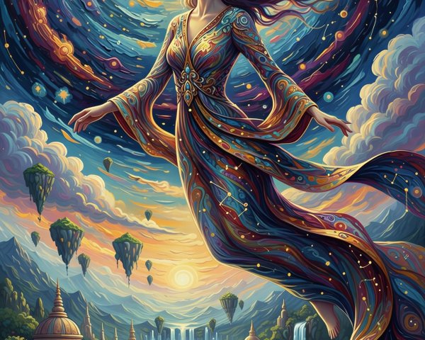Vibrant painting of a woman in a dreamlike landscape