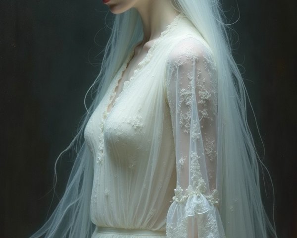 Serene figure in ethereal gown with lace details