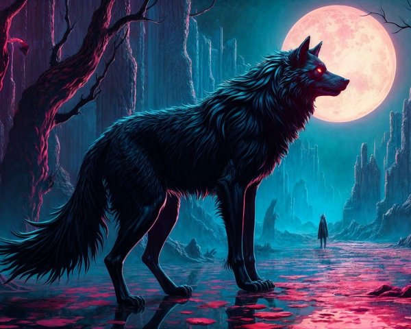 Surreal Landscape with Majestic Black Wolf and Moon
