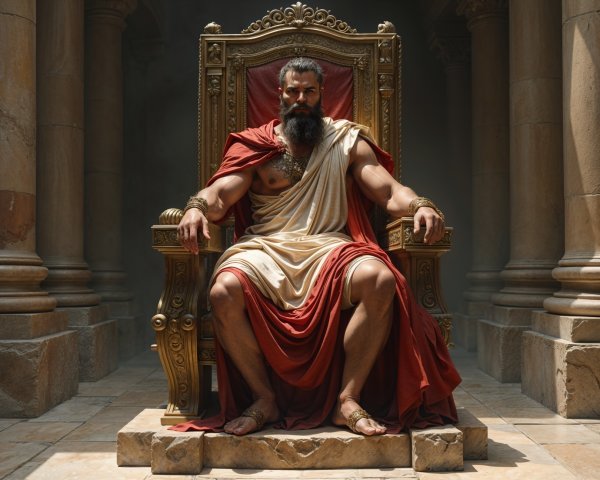 Regal figure on ornate throne in grand architecture