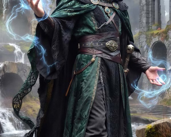 Old wizard casting magic near a moss-covered castle