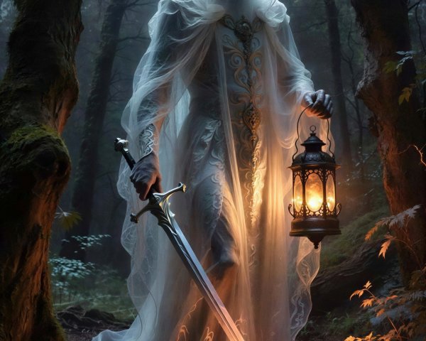 Mystical Figure in Enchanted Forest with Sword and Lantern