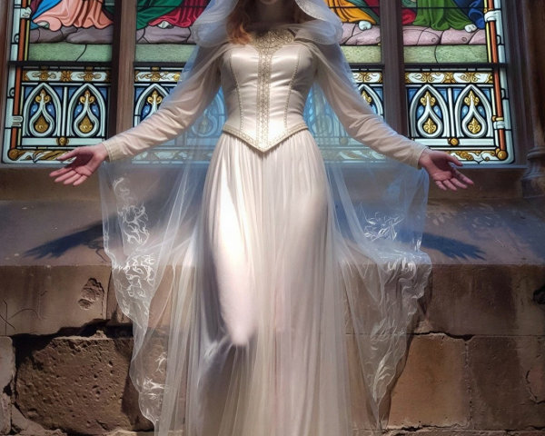 Woman in Renaissance Dress Before Stained-Glass Windows