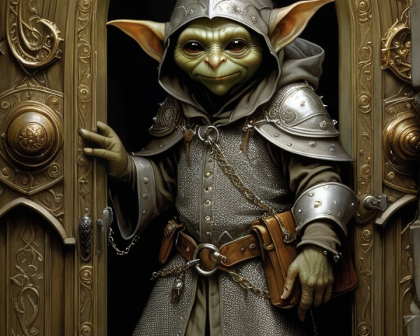 Whimsical Character in Ornate Doorway with Armor
