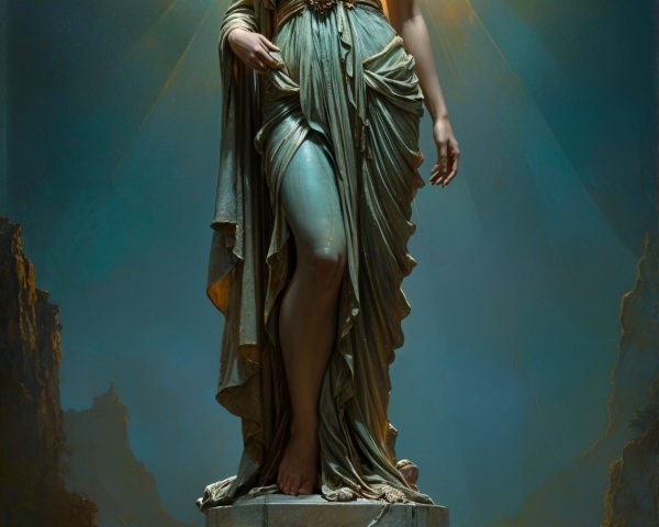 Majestic female figure on pedestal with moonlit backdrop