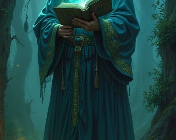 Wizard in Mystical Forest with Ancient Book and Magic