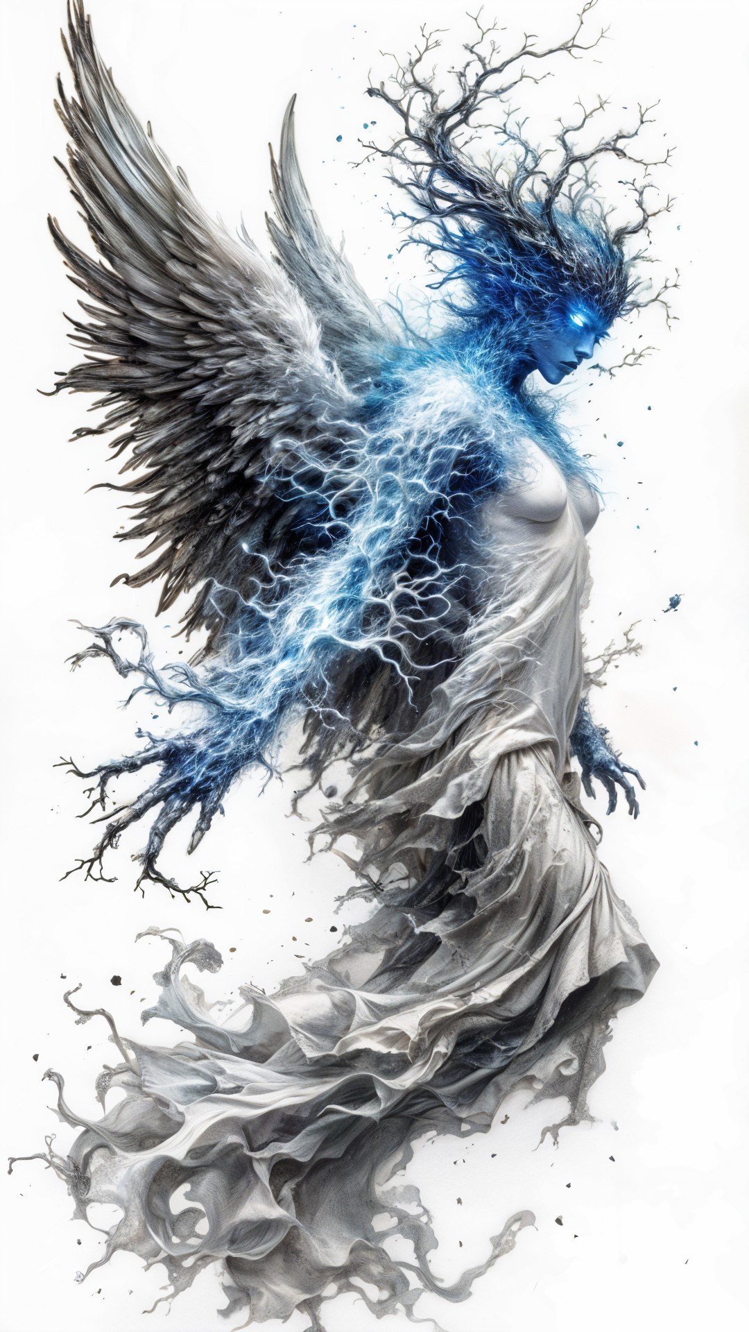 Ethereal figure with wings and glowing blue eyes