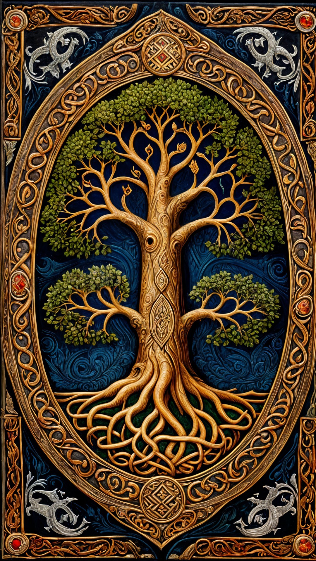 Detailed Tree with Celtic Patterns and Blue Background