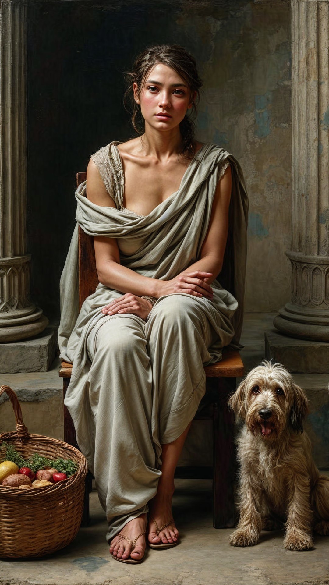 Young woman in classical attire with dog and fruits