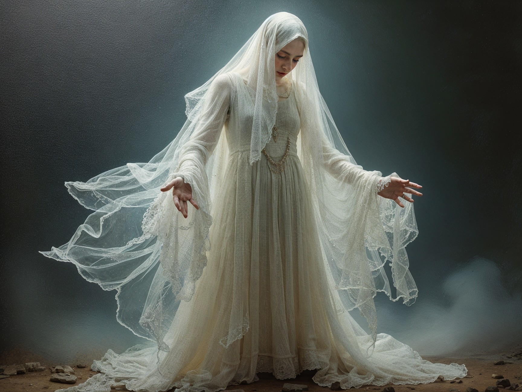 Ethereal Figure in Flowing White Gown with Veil