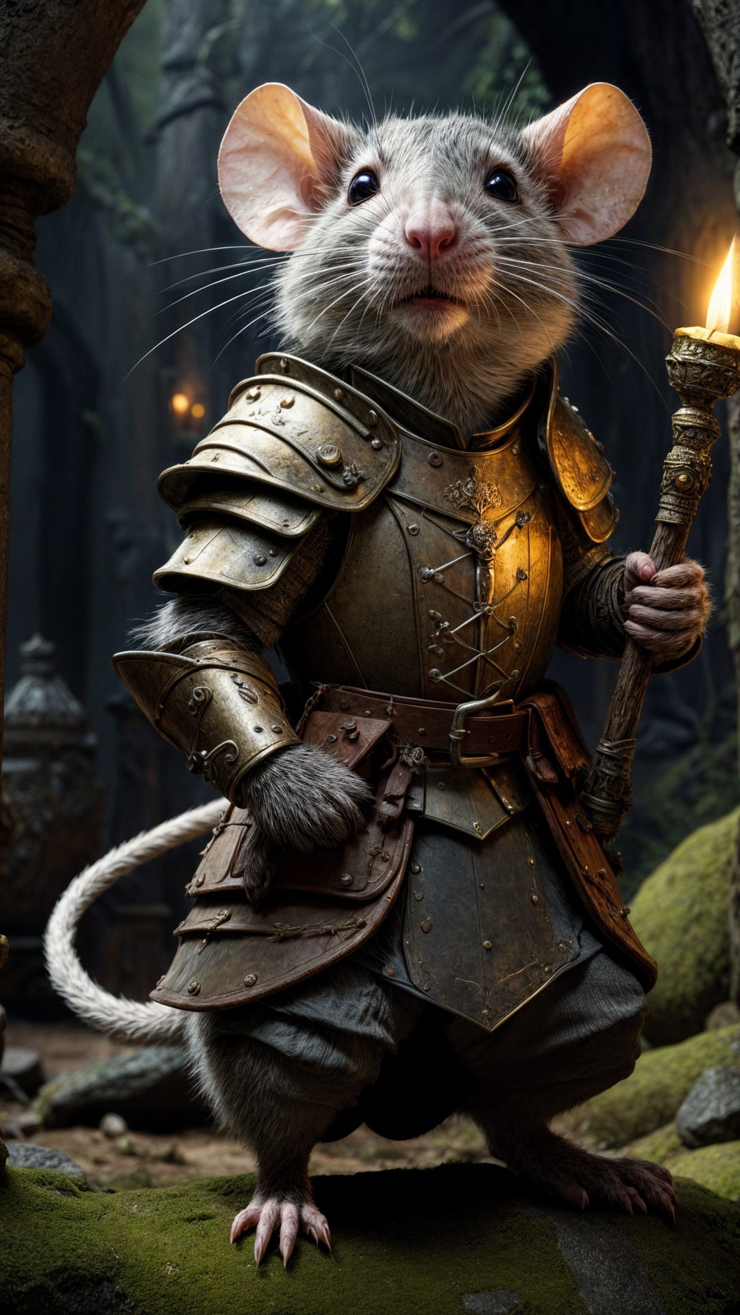 Brave Mouse in Armor in Mystical Forest with Ruins