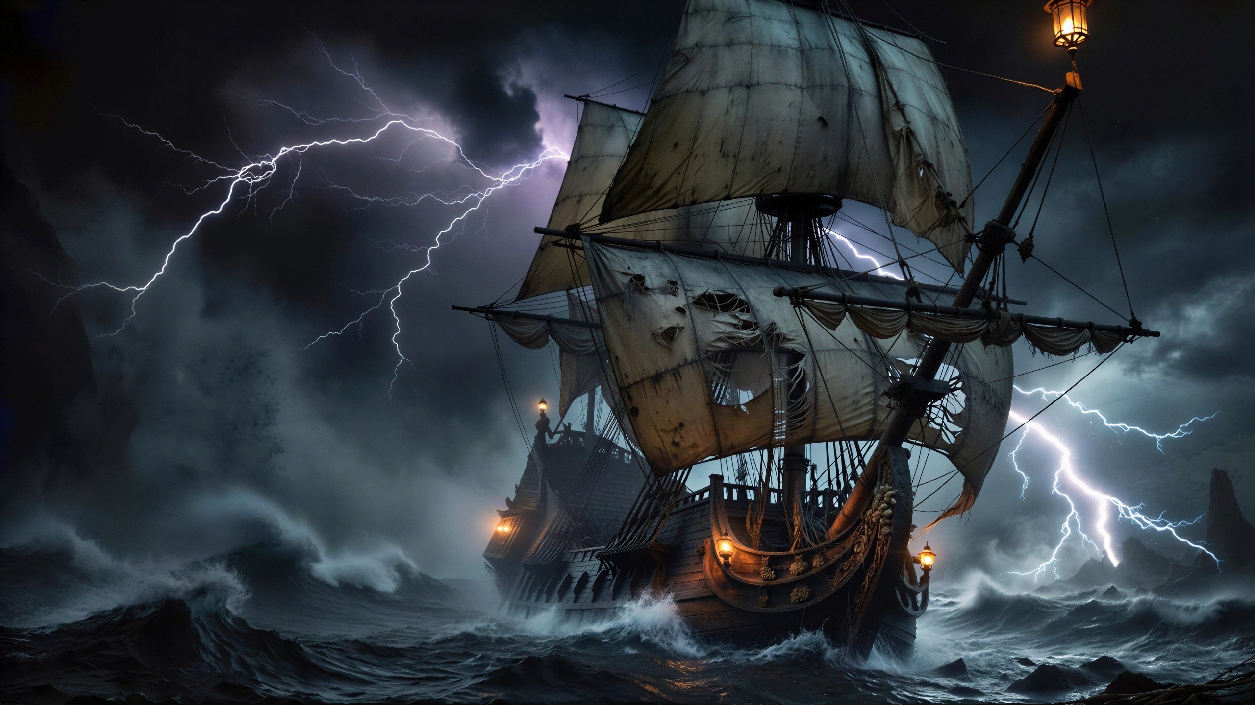 Pirate Galleons Struggling in a Stormy Night Sea