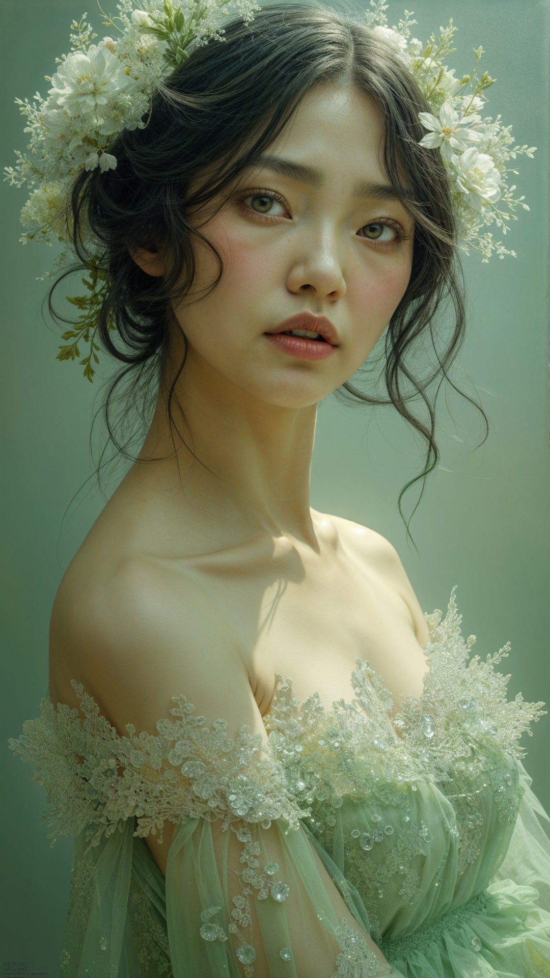 Young woman in pastel green gown with floral crown