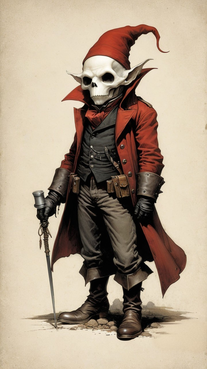 Skeletal Figure in Red Coat and Formal Attire