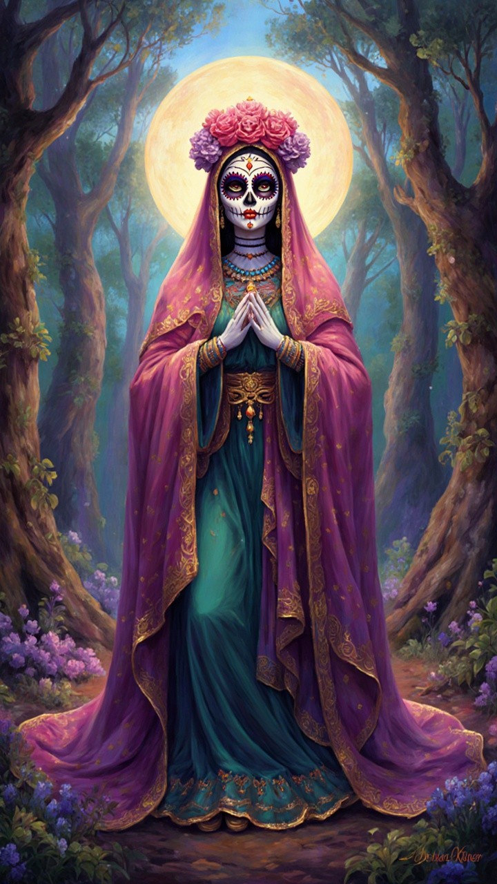 Mystical Figure in Vibrant Forest with Moonlight