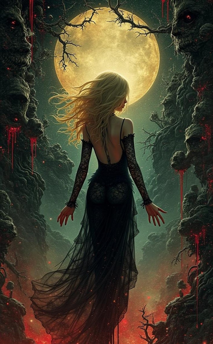 Mysterious Figure in Black Gown Under Full Moon