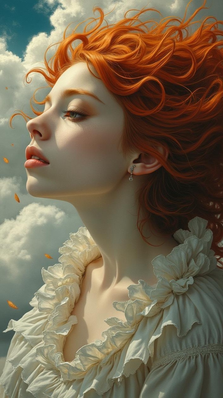 Portrait of a young woman with red hair and clouds