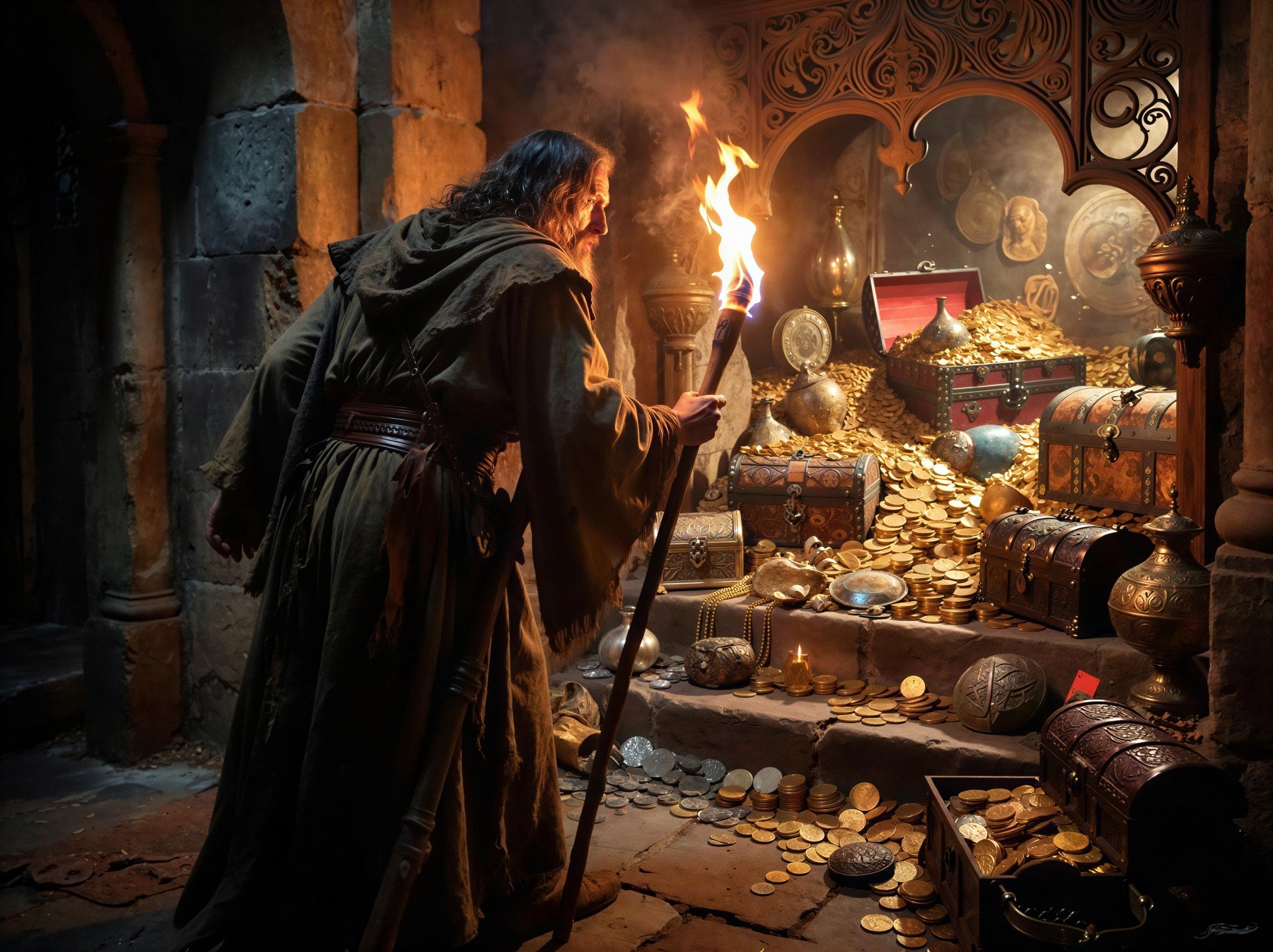 Medieval Cavern with Treasure and Glowing Torch