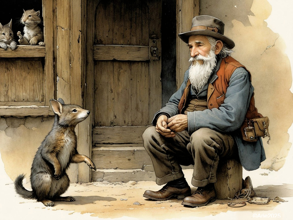 Elderly man with rodent and cats outside rustic building
