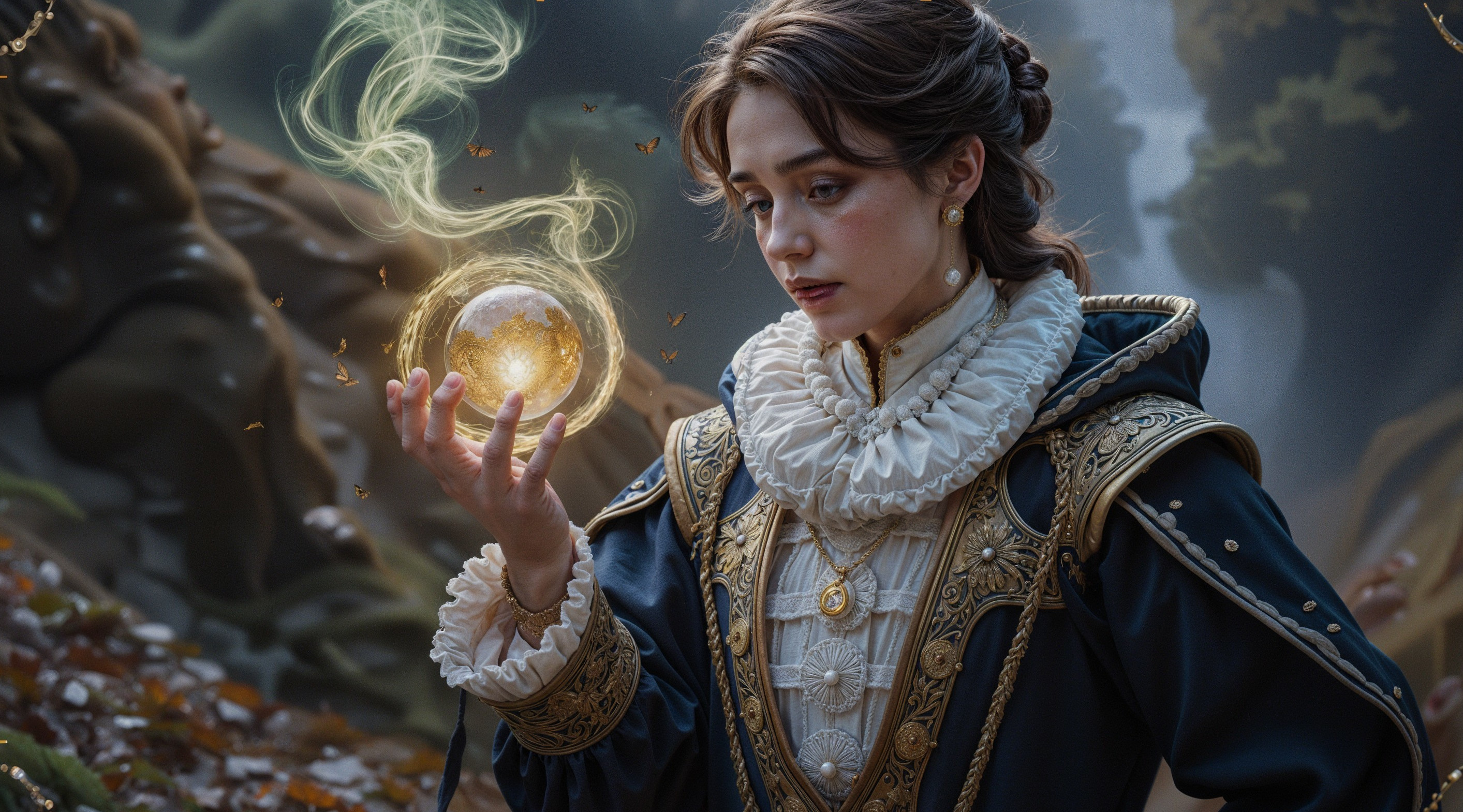 Young woman in ornate gown with glowing orb in forest