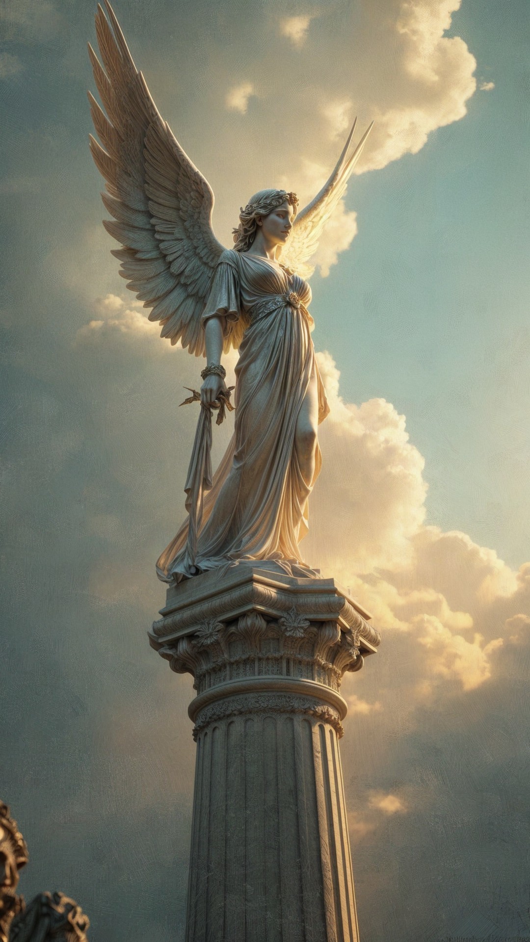 Winged Statue on Tall Column with Golden Sunlight