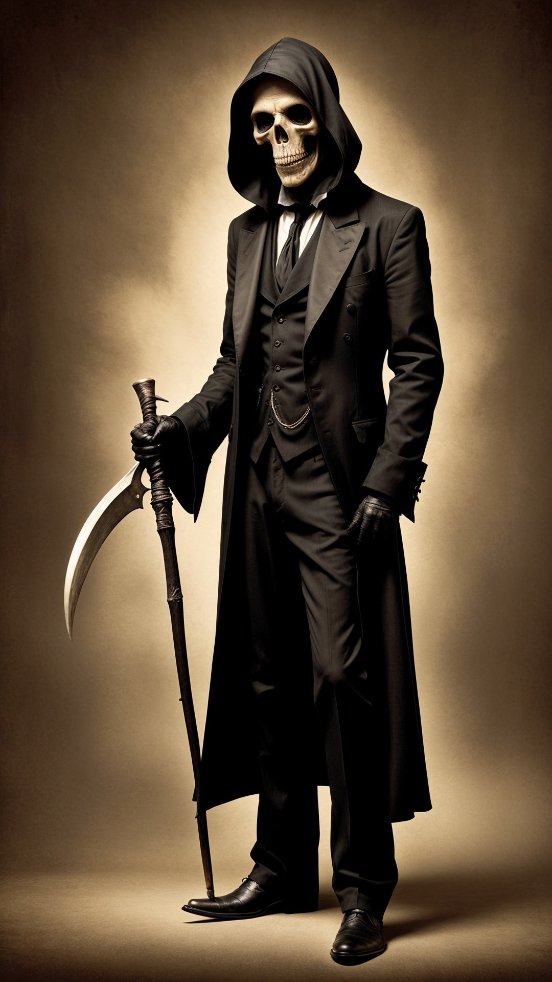 Elegant Figure in Dark Suit with Scythe and Hood