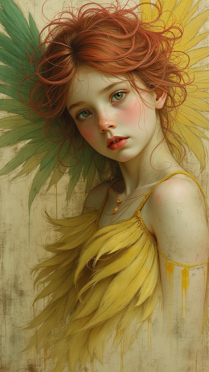 Young girl with red hair in sunflower outfit