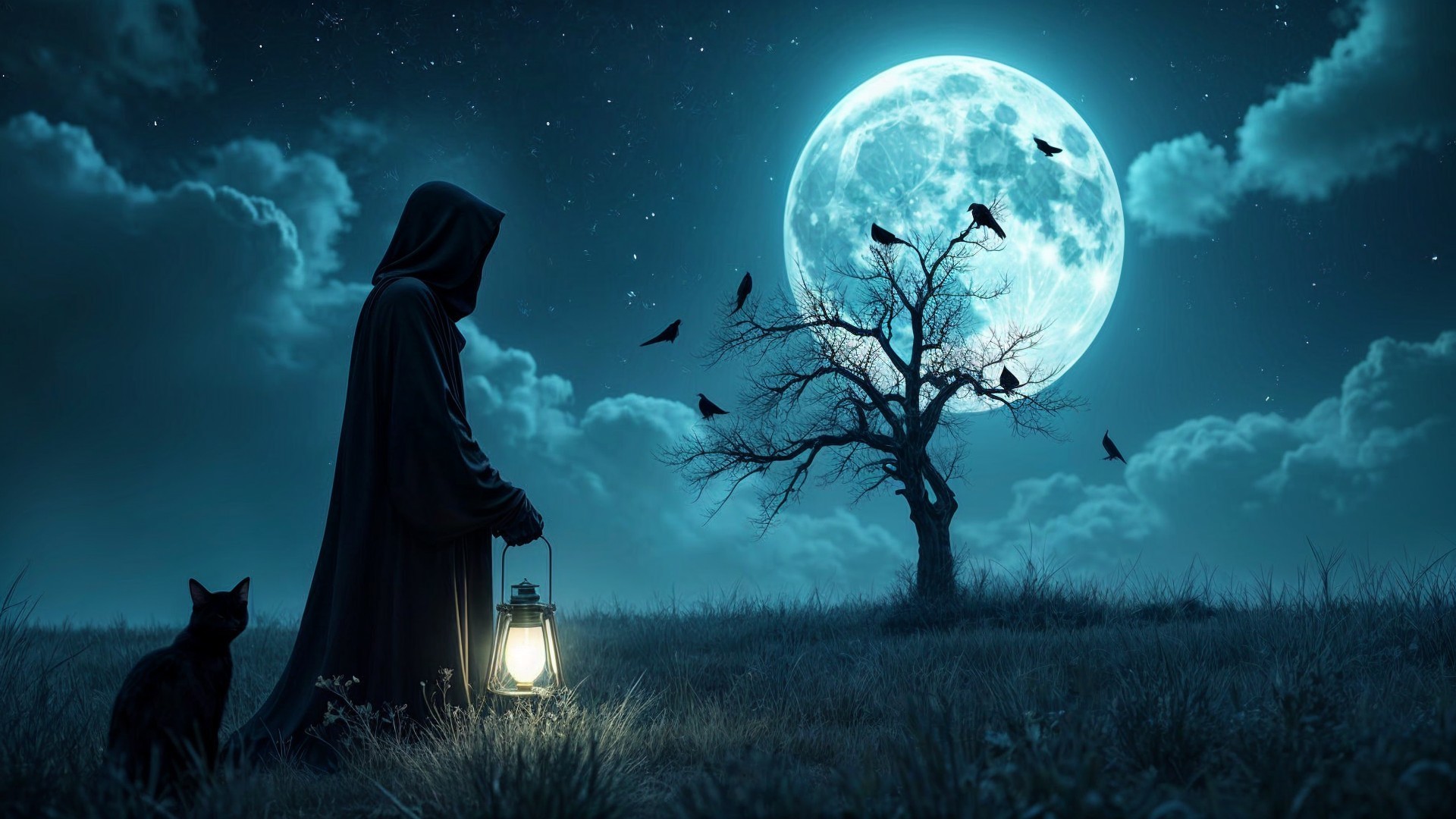 Cloaked Figure with Lantern in Mystical Nightscape
