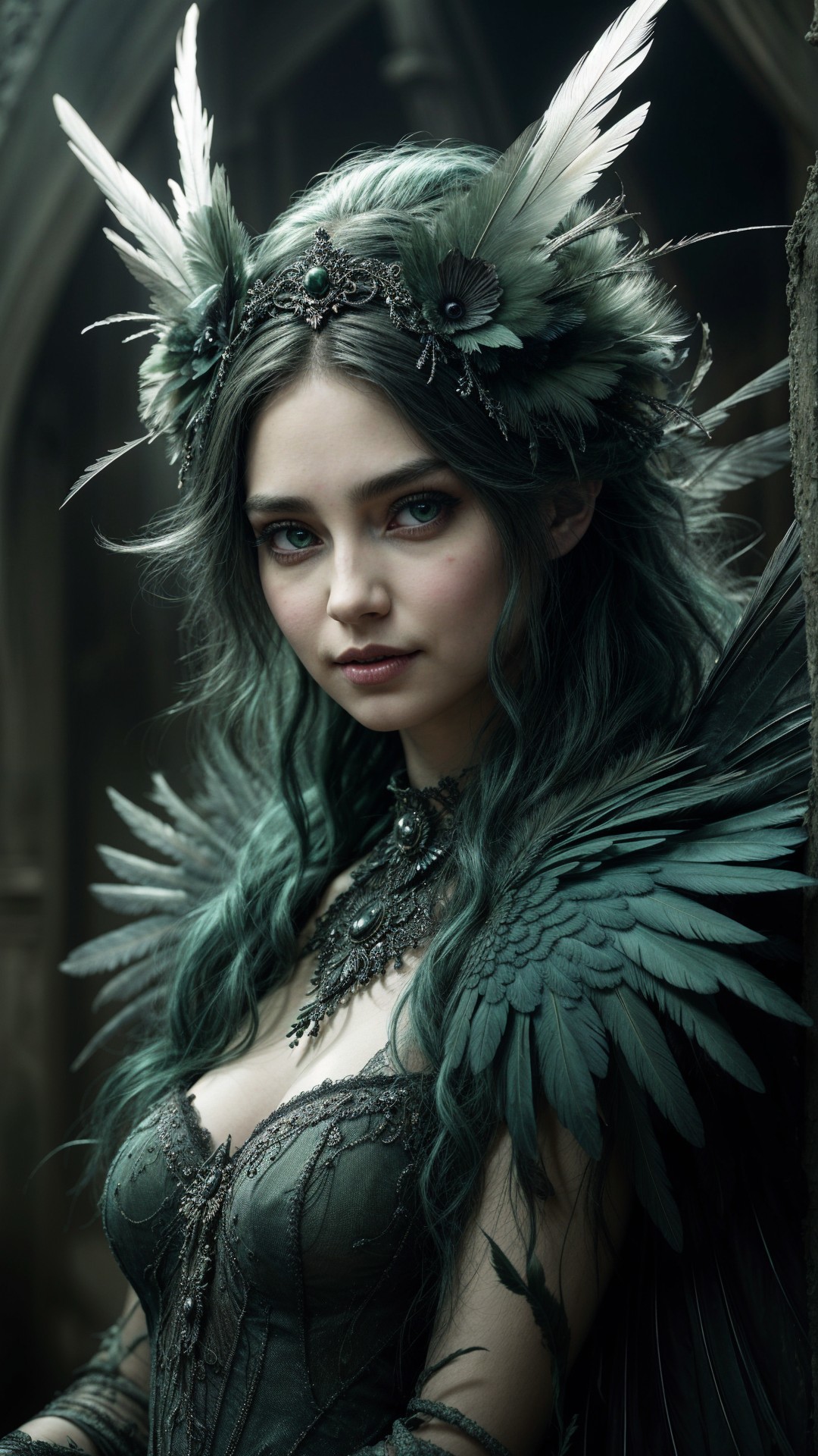 Elegant figure in dark attire with green hair and feathers