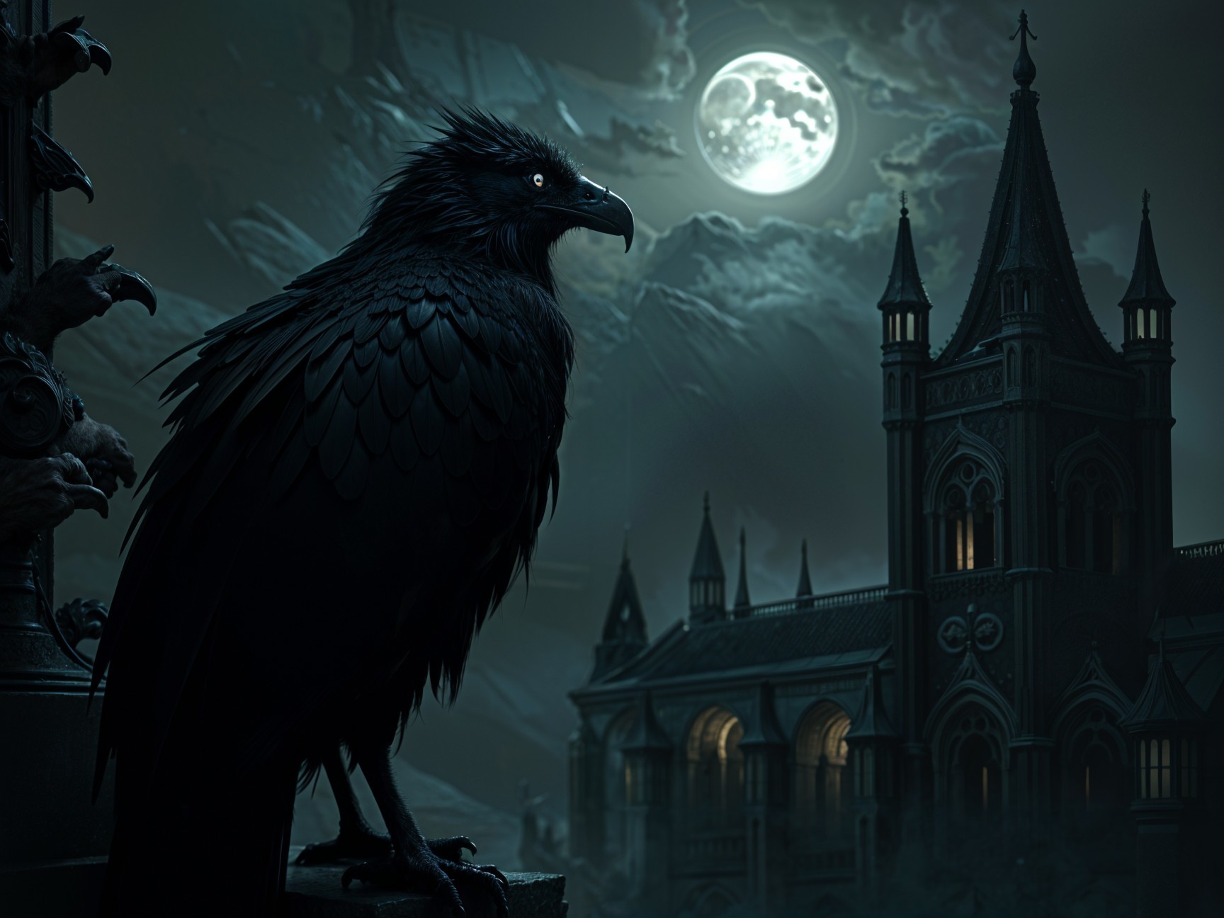 Black Raven Overlooks Gothic Landscape at Night