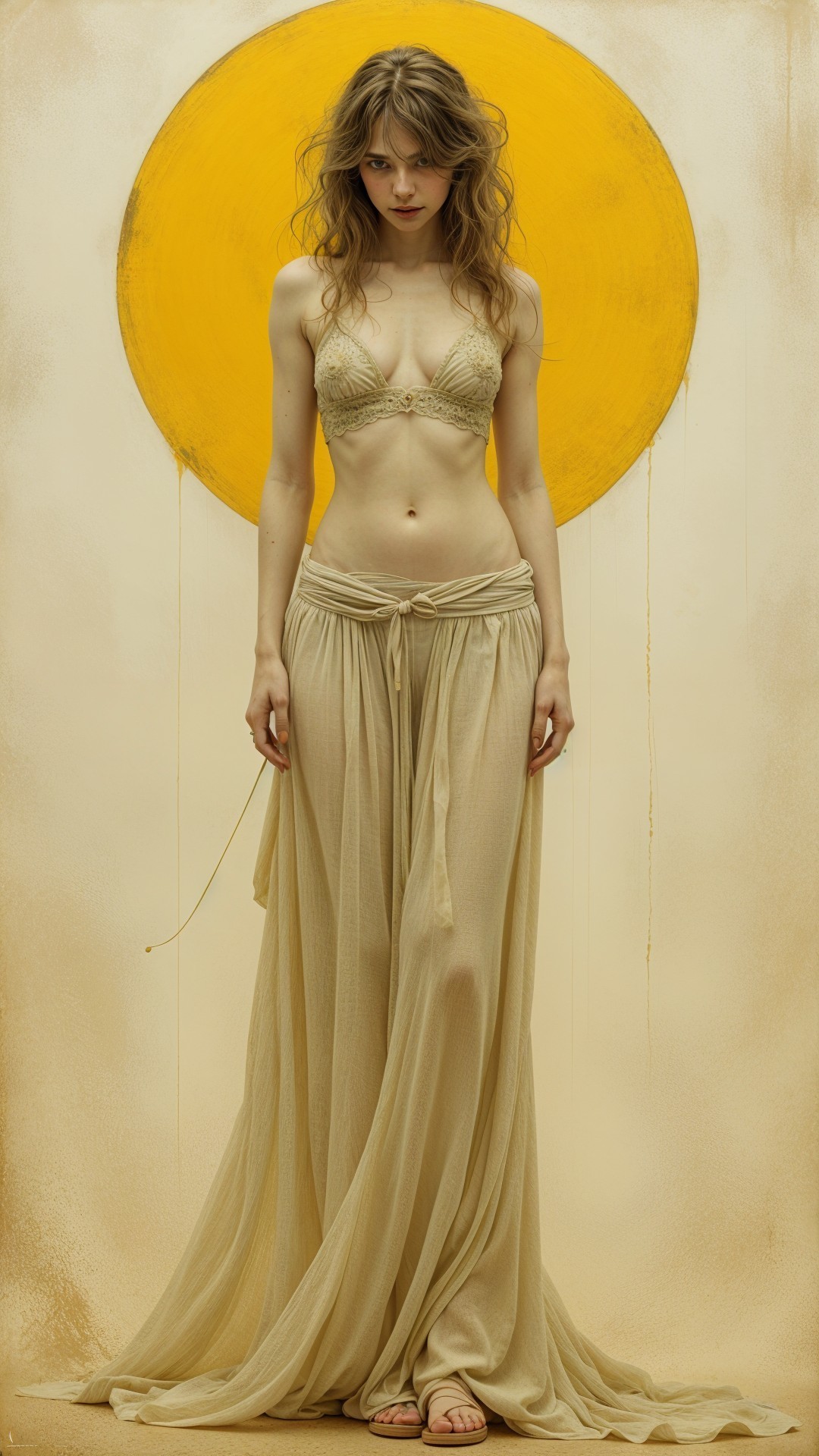 Elegant Figure in Sheer Skirt Against Warm Background
