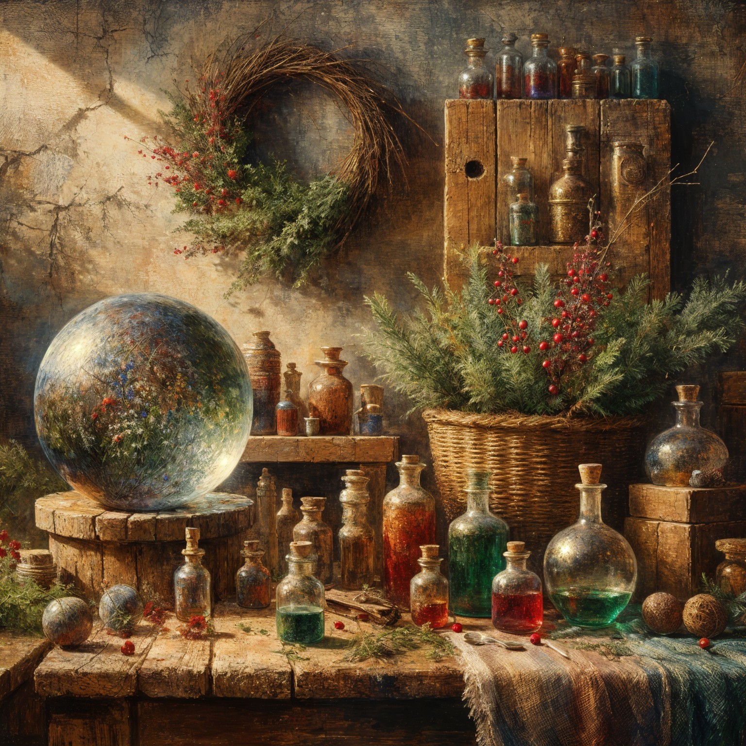 Rustic Apothecary Scene with Colorful Bottles and Greenery