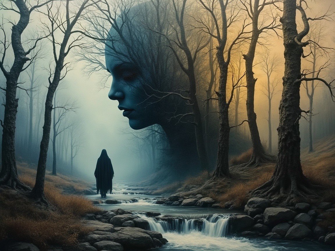 Mystical Forest with Ethereal Face and Cloaked Figure