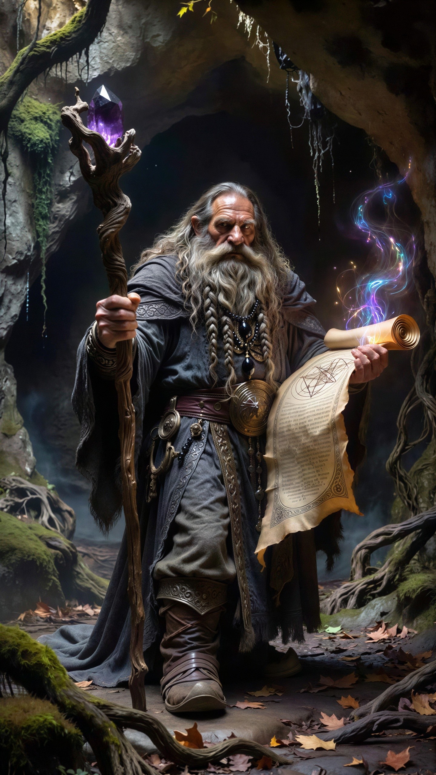 Full-body portrait of an old man in a cave setting