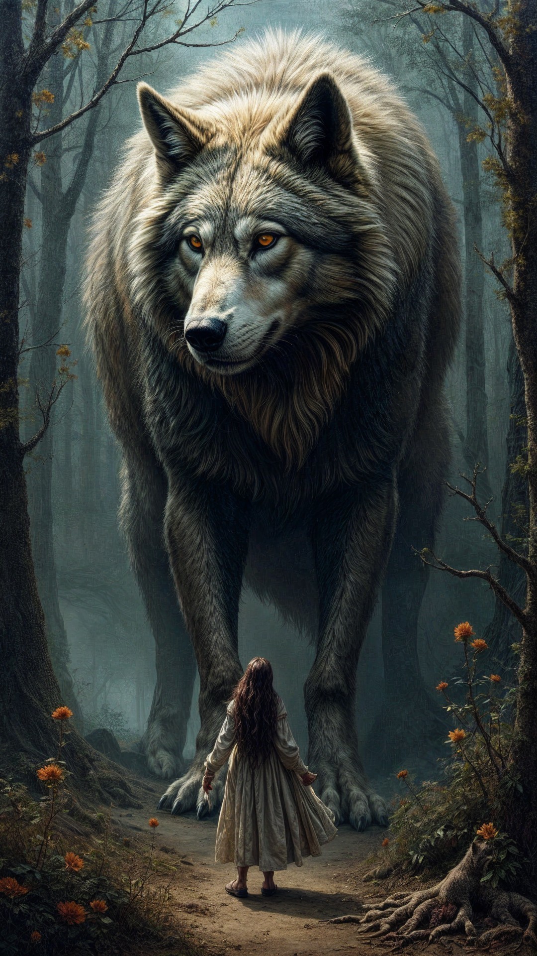 Colossal Wolf and Young Girl in Mystical Forest Encounter