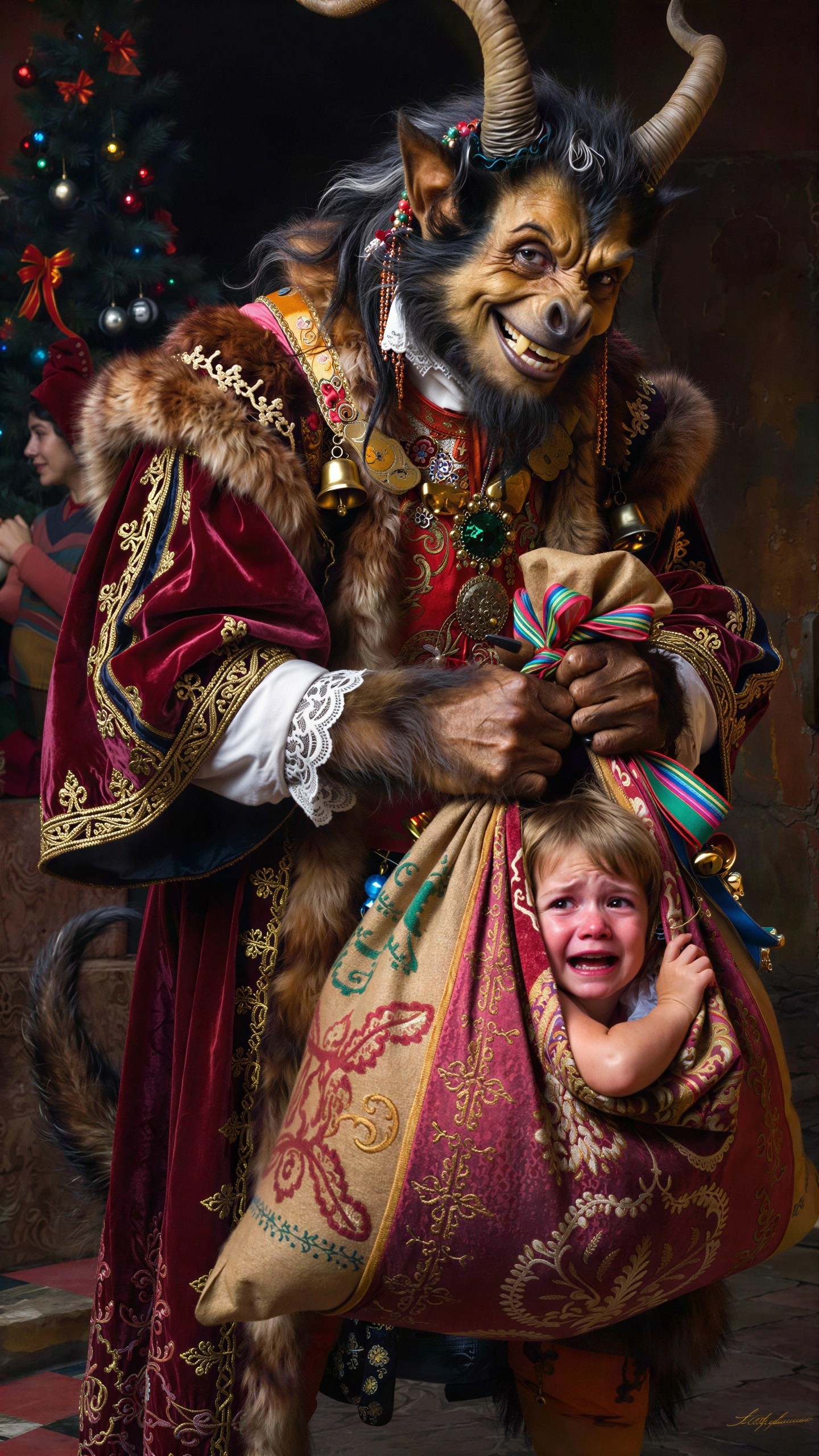 Krampus in Red Velvet Robe with Child in Sack