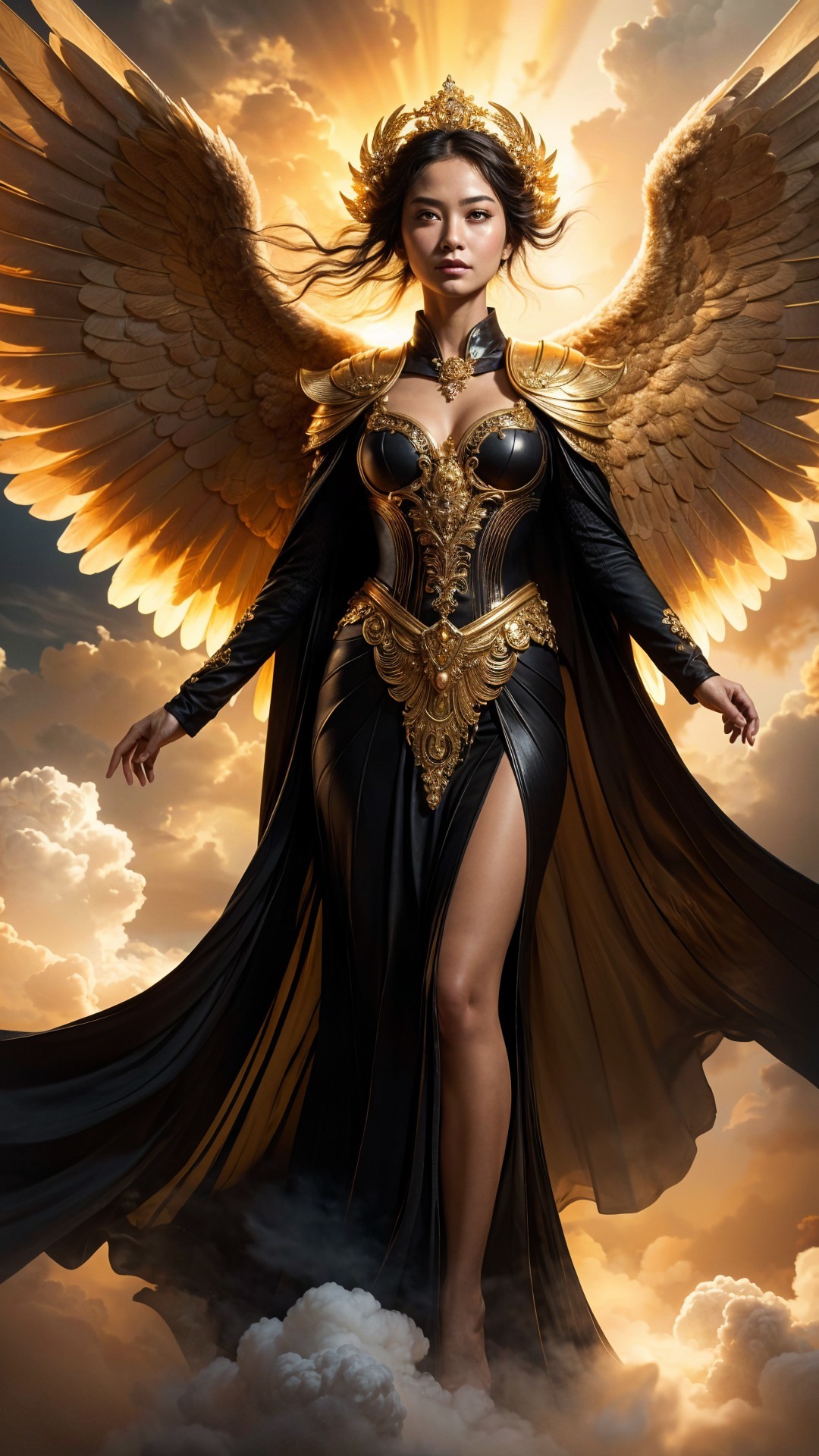 Celestial Warrior in Black Gown with Ethereal Wings