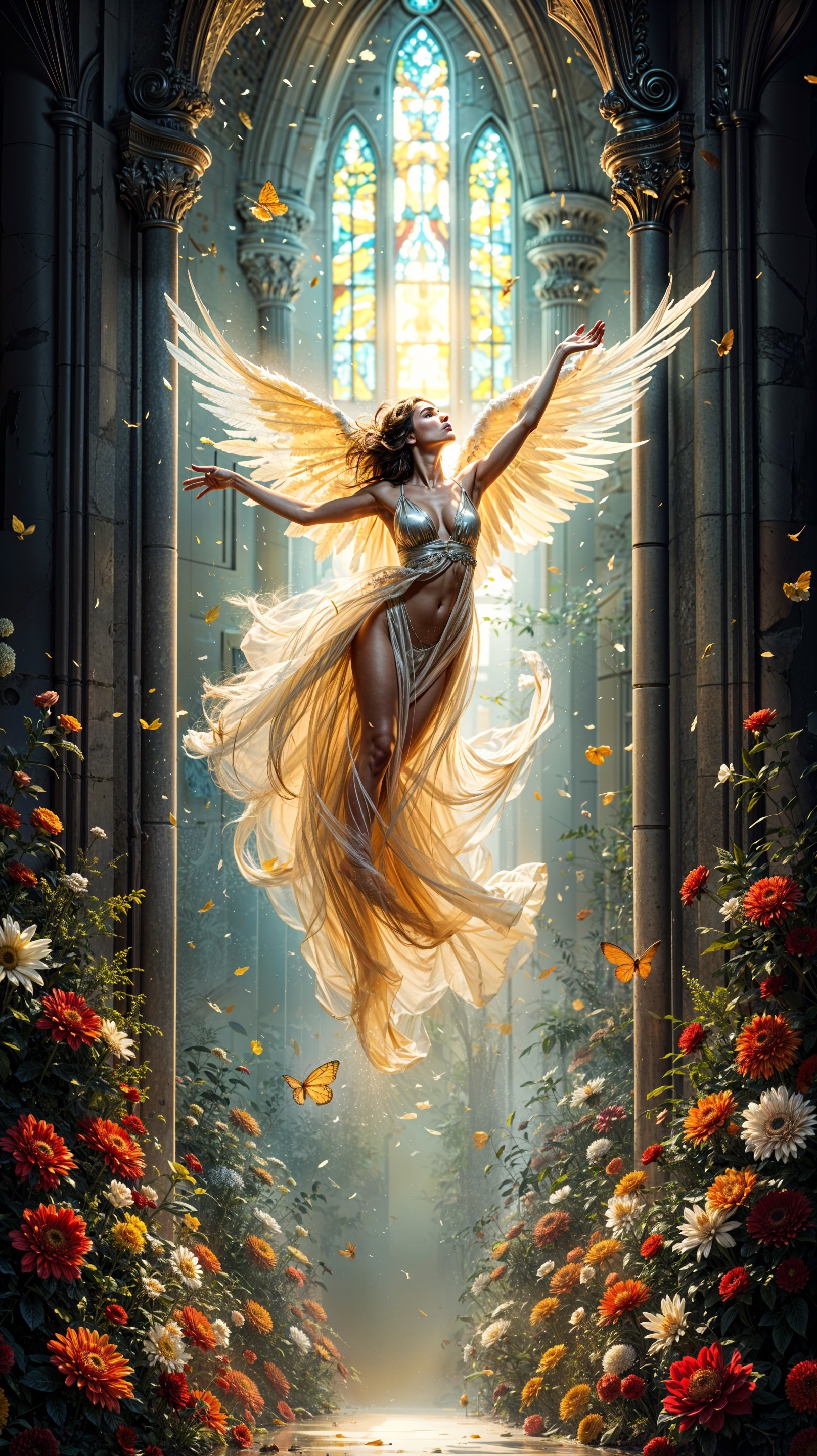 Celestial Figure with Wings Amidst Stained Glass Windows