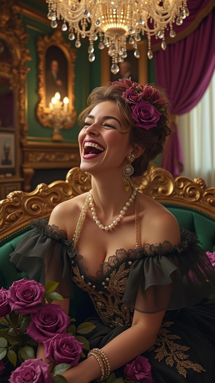 Elegant Woman in Black Gown on Lavish Green Couch