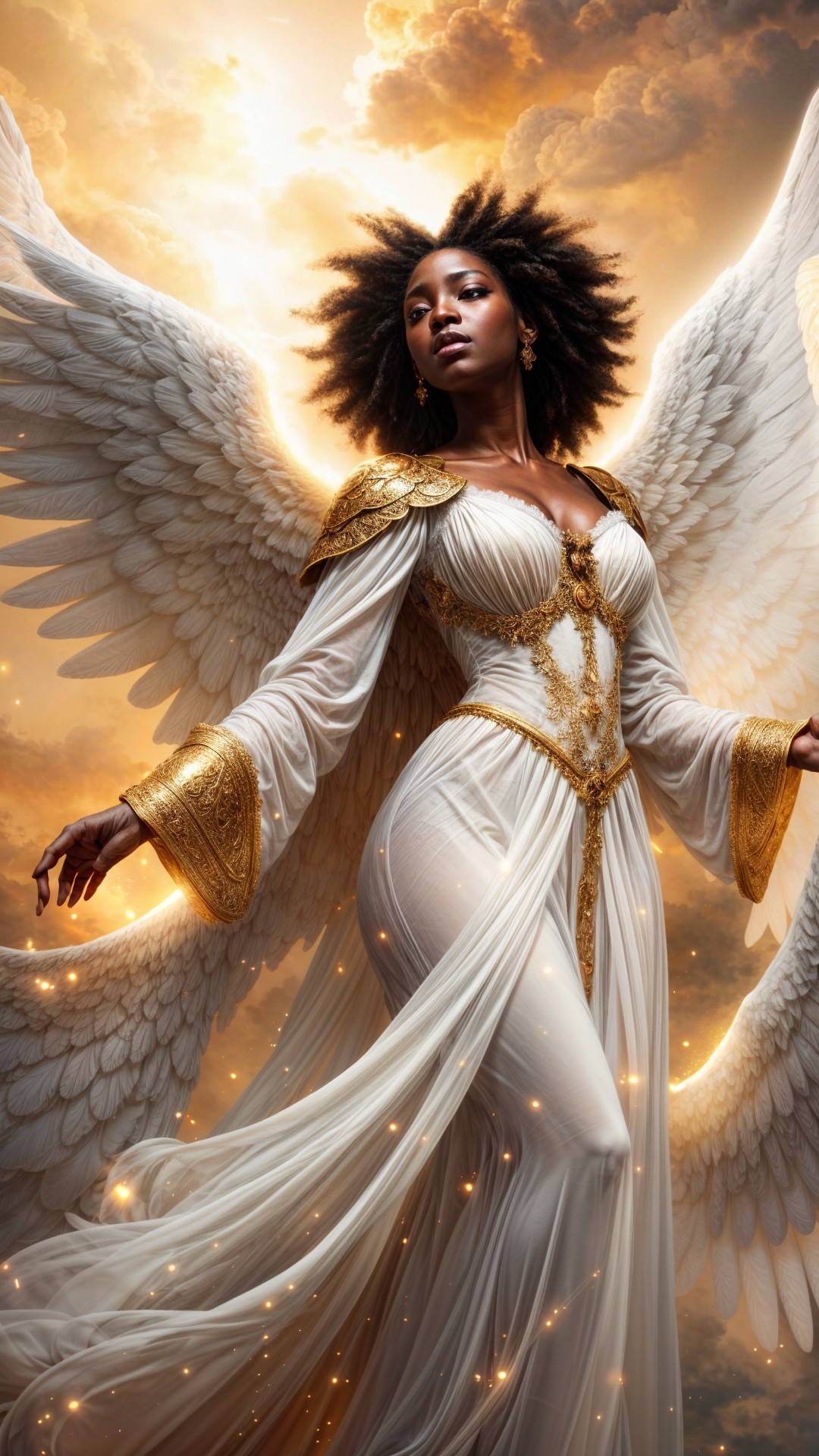 Majestic angelic figure in white and gold gown