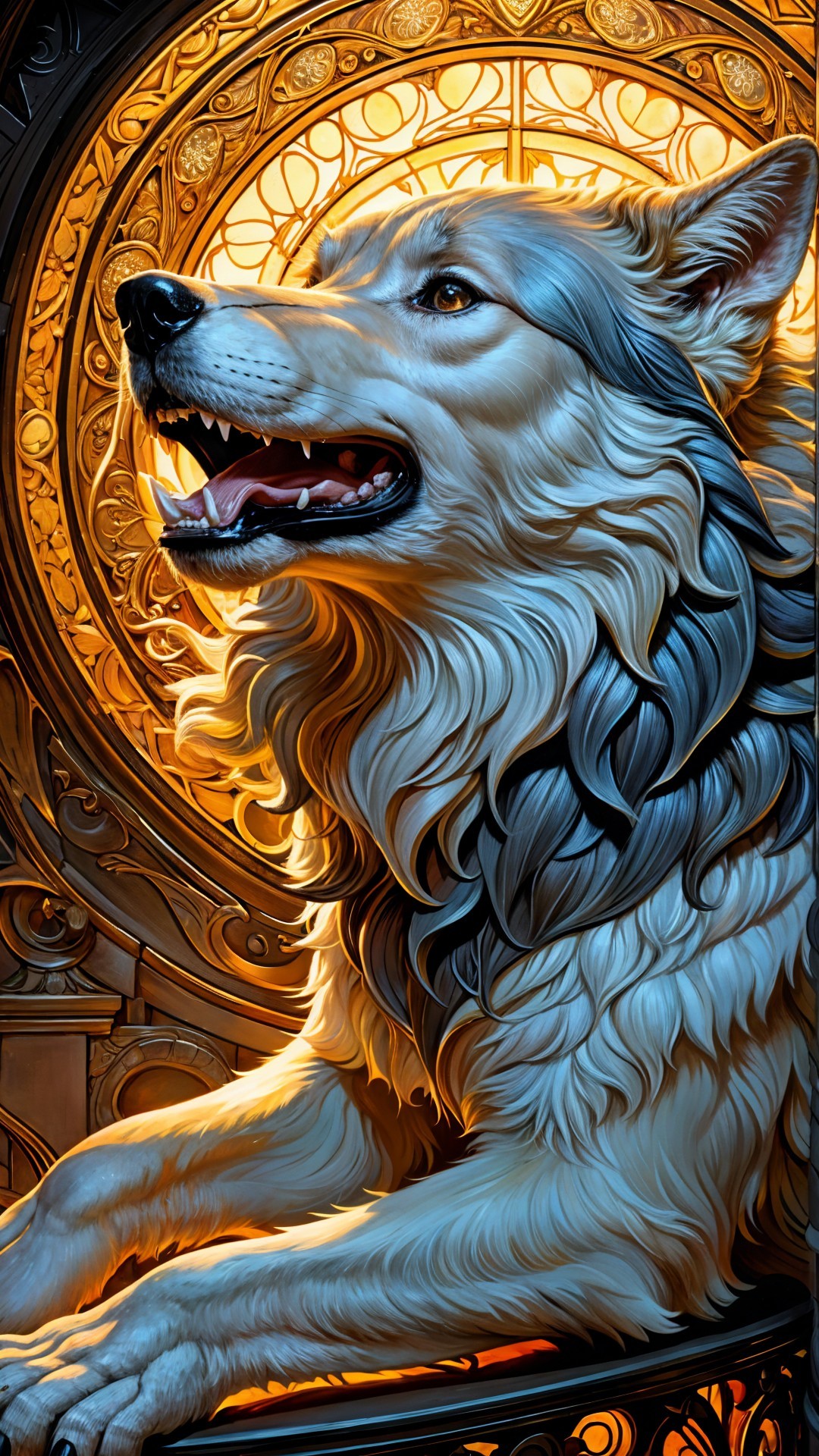 Majestic wolf with ornate backdrop and golden light