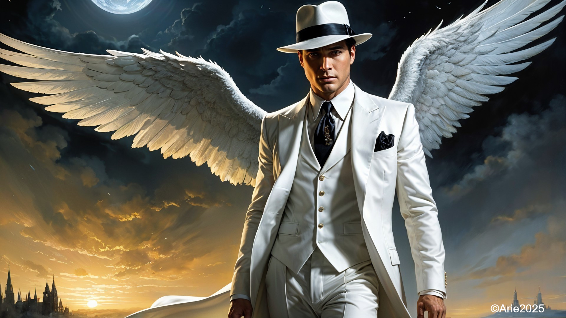 Celestial Figure in White Suit with Wings Against Sky