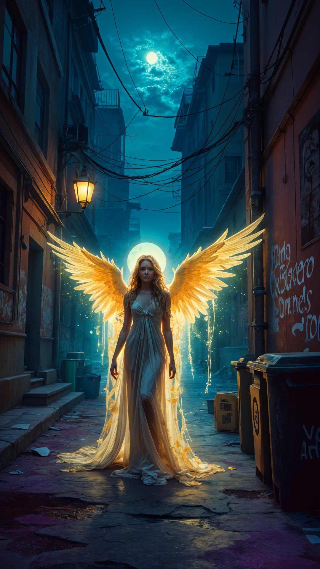 Angel with Golden Wings in Dim Urban Alley