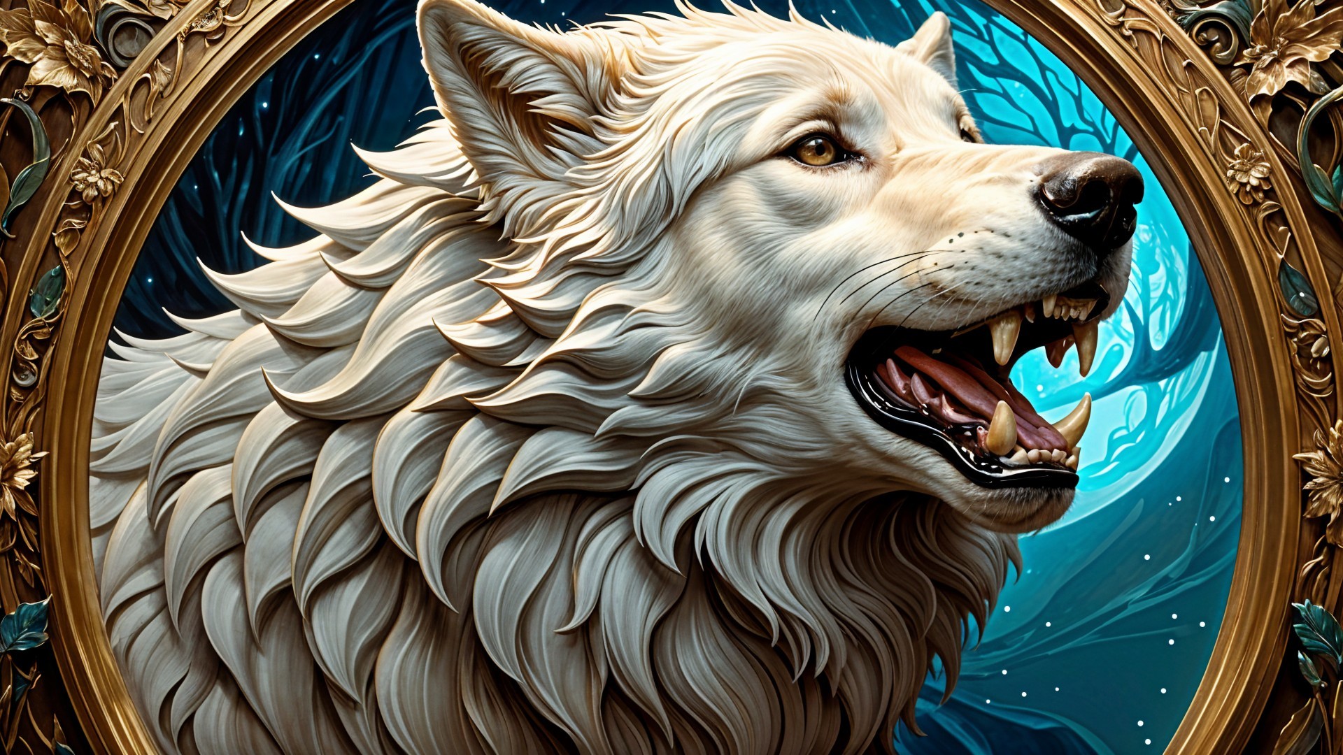 Majestic white wolf in ornate frame with moonlit forest