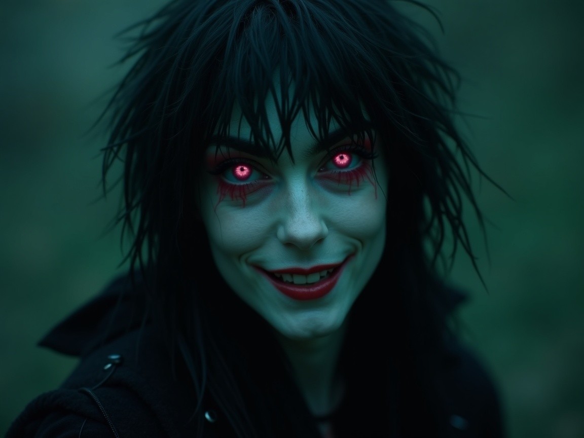 Eerie figure with red eyes and dark makeup in fog