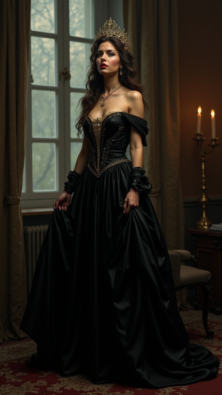 Regal Figure in Black Gown in Lavish Room