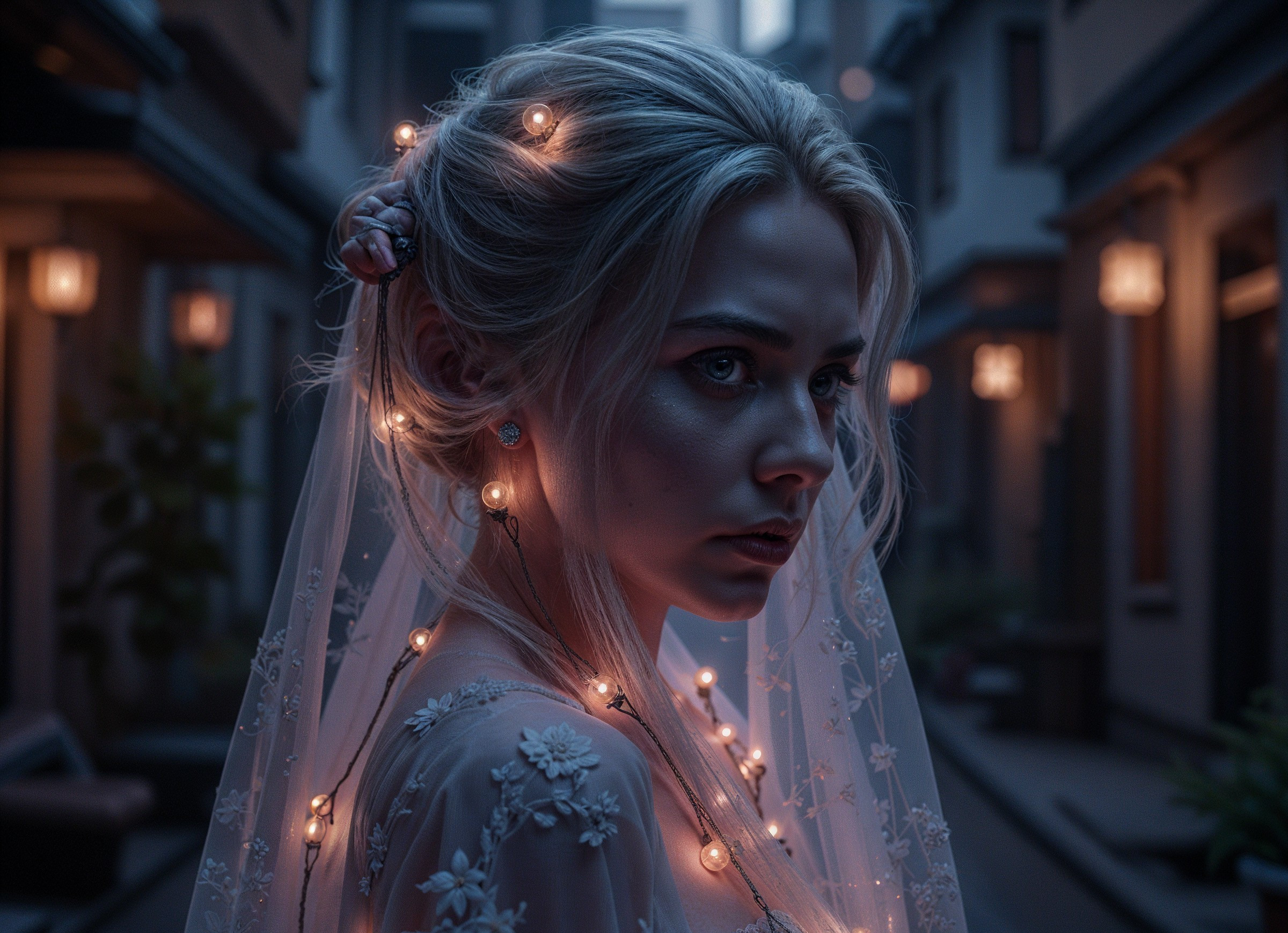 Young woman in embroidered wedding gown in alleyway