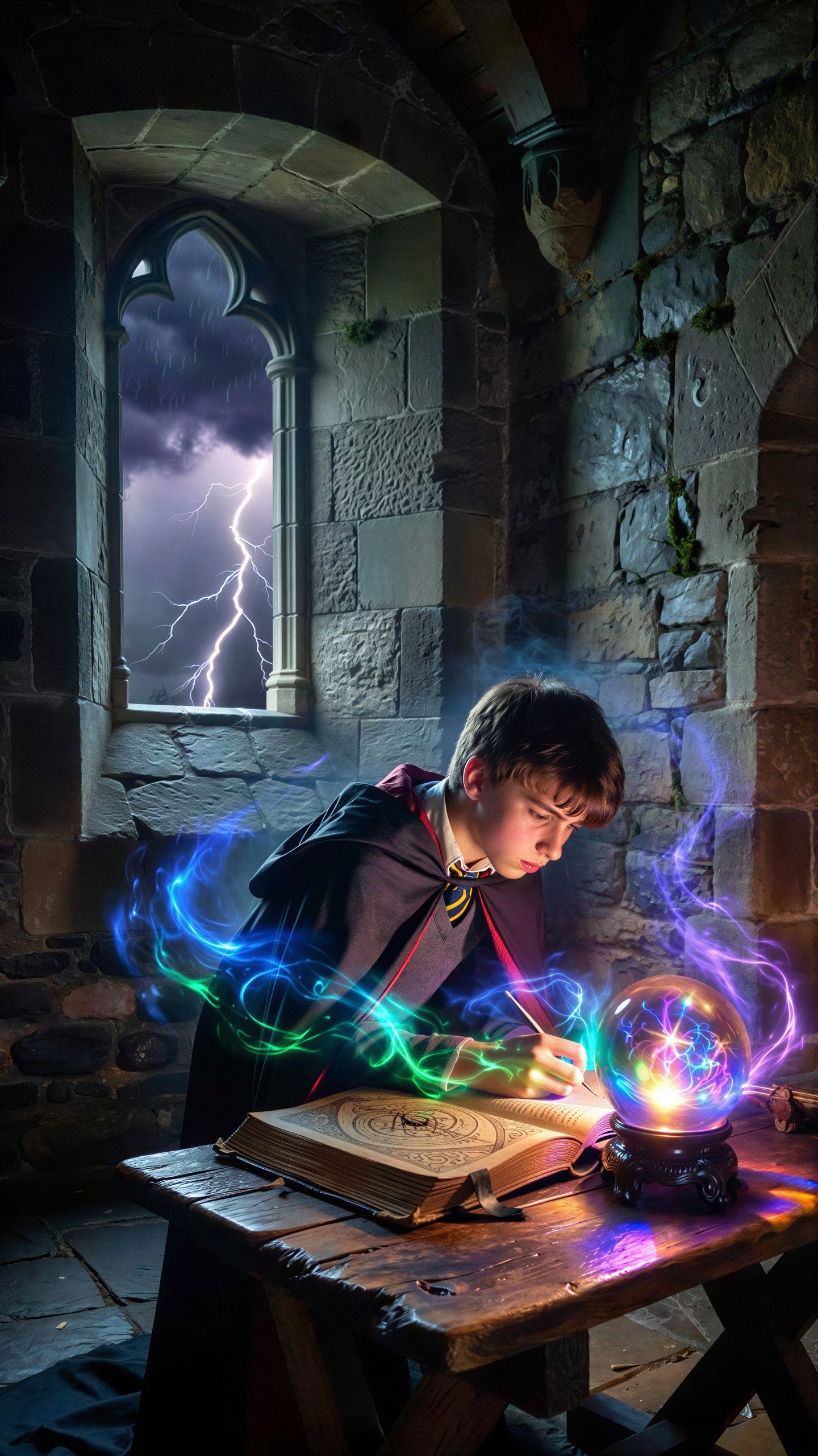 Young wizard writing in an ancient spell book